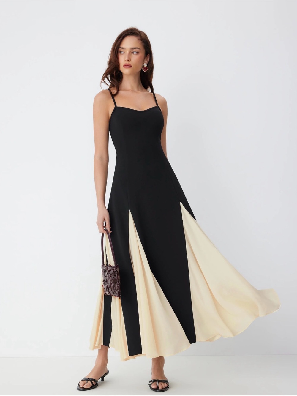 Cider Black Midi Slip Dress with Cream Panels - Picture 3 of 6
